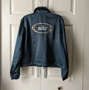 Nike Blue Floral Print Bomber Long Sleeve Satin Button Up